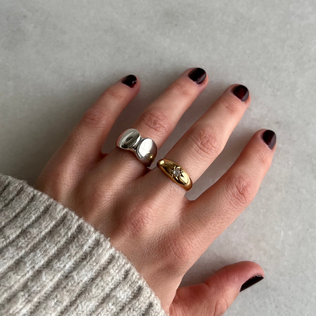 Solid Gold Vintage Diamond Gypsy Ring paired with Sterling Silver Georg Jensen Statement Ring