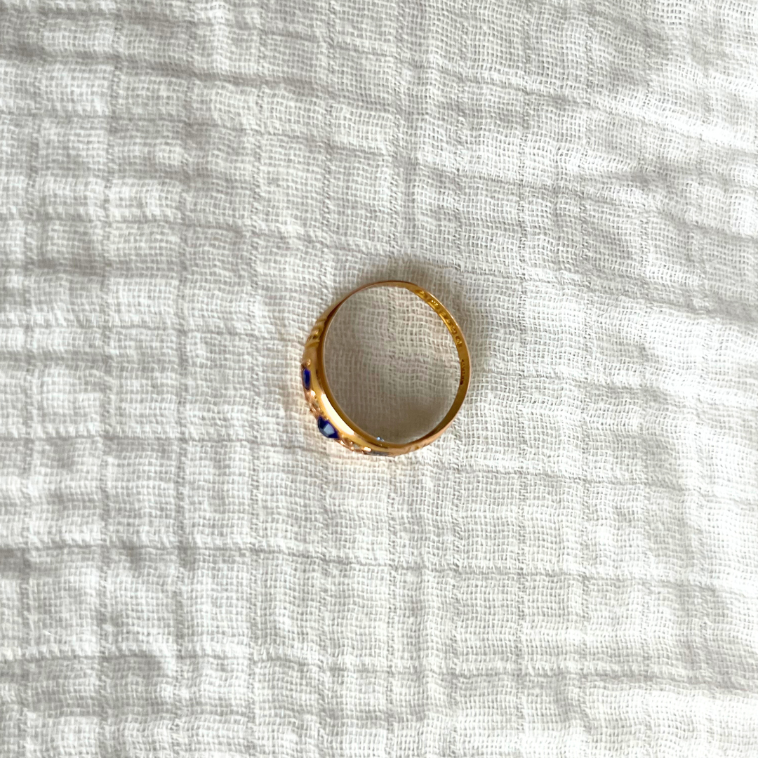 Antique Edwardian 9ct Gold Trilogy Ring with 3 blue stones and 4 diamonds, Size M + 0.5