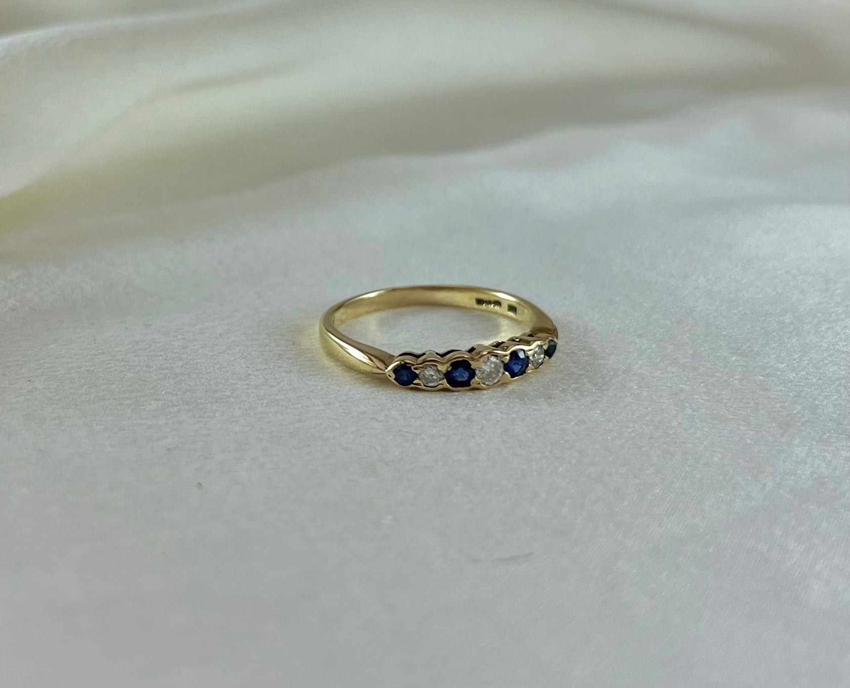Antique Edwardian 9ct Gold 7 Stone Sapphire and Diamond Set Ring, Vintage Size P + 0.5