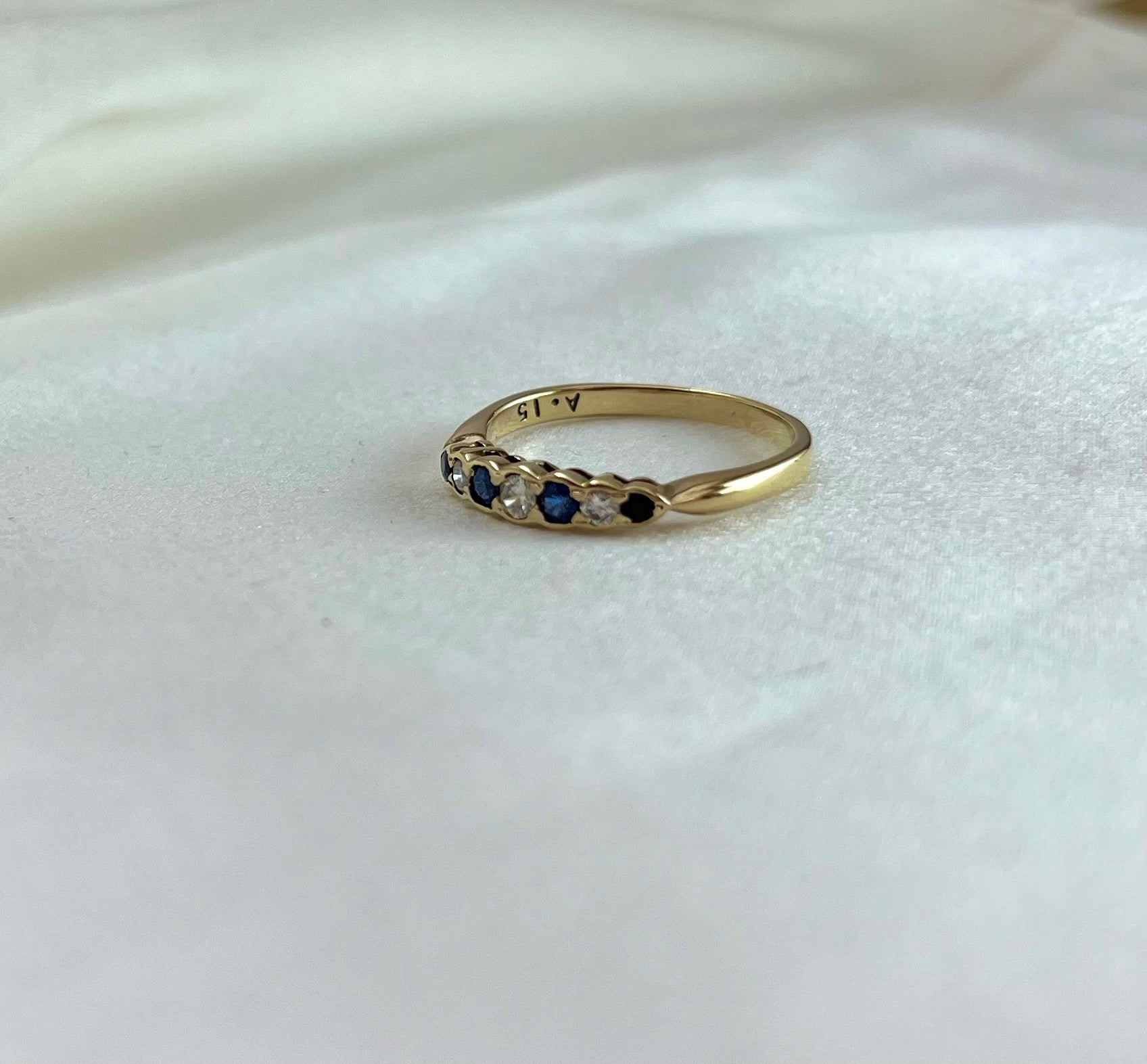 Antique Edwardian 9ct Gold 7 Stone Sapphire and Diamond Set Ring, Vintage Size P + 0.5