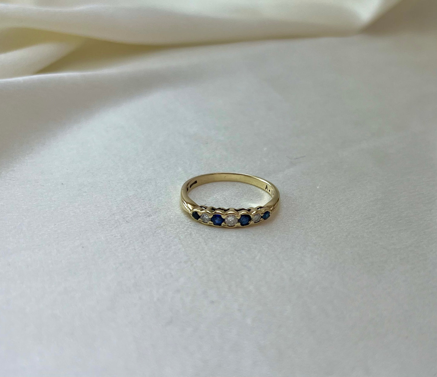 Antique Edwardian 9ct Gold 7 Stone Sapphire and Diamond Set Ring, Vintage Size P + 0.5