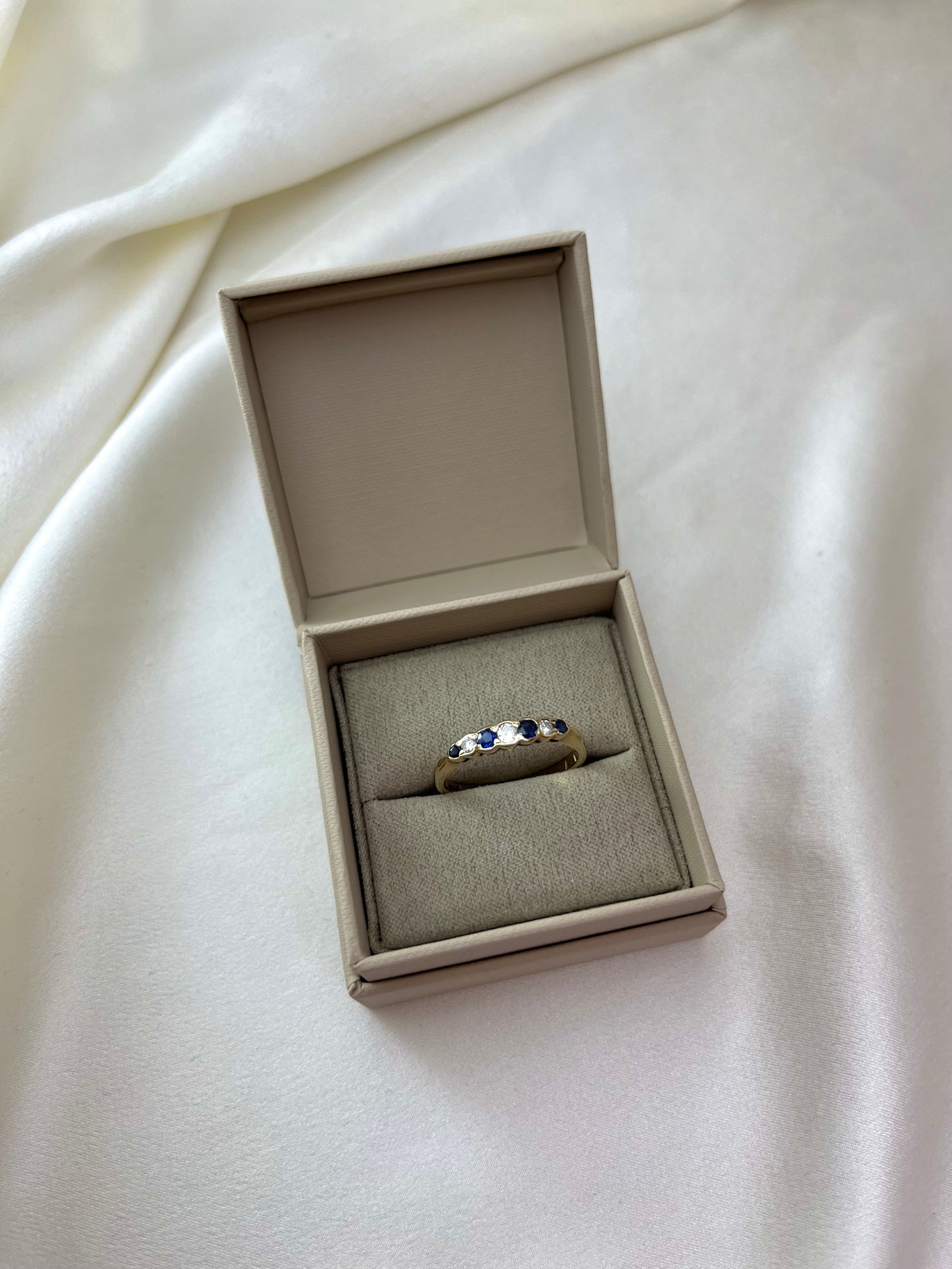 Antique Edwardian 9ct Gold 7 Stone Sapphire and Diamond Set Ring, Vintage Size P + 0.5