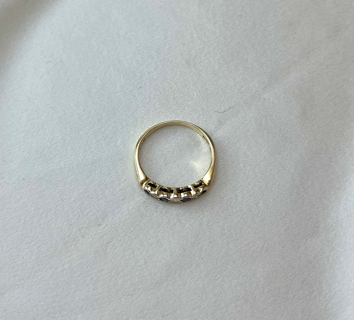 Antique Edwardian 9ct Gold 7 Stone Sapphire and Diamond Set Ring, Vintage Size P + 0.5