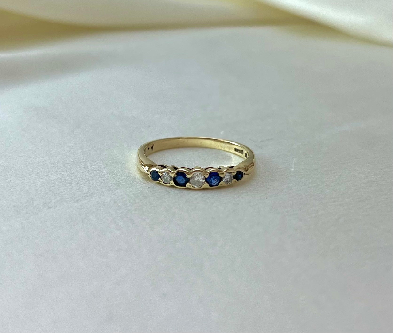 Antique Edwardian 9ct Gold 7 Stone Sapphire and Diamond Set Ring, Vintage Size P + 0.5