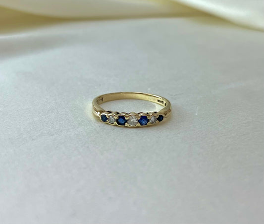 Antique Edwardian 9ct Gold 7 Stone Sapphire and Diamond Set Ring, Vintage Size P + 0.5