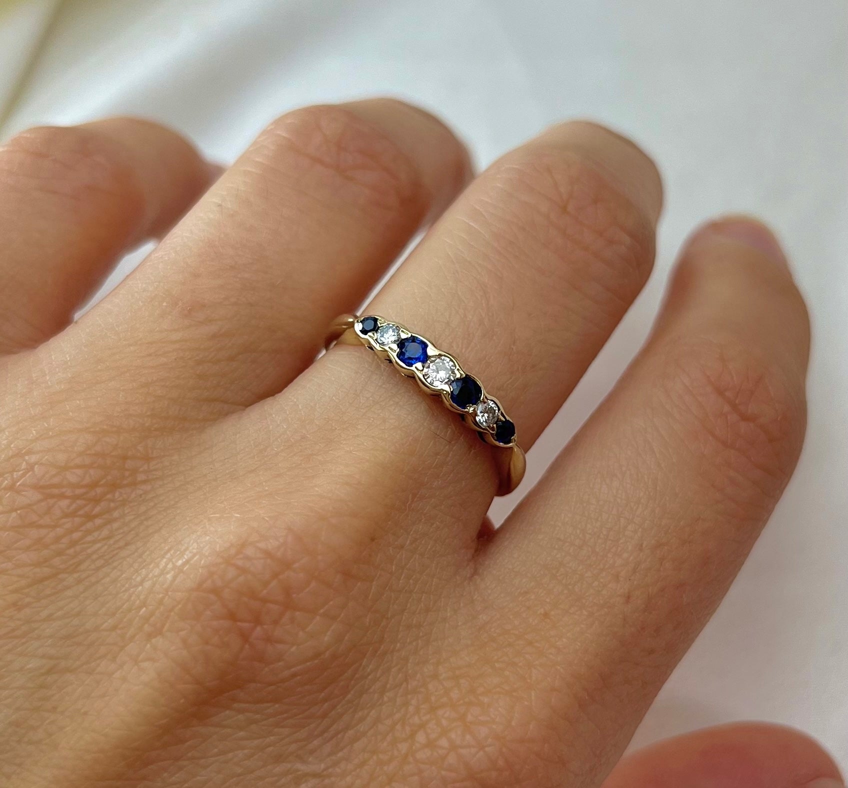 Antique Edwardian 9ct Gold 7 Stone Sapphire and Diamond Set Ring, Vintage Size P + 0.5