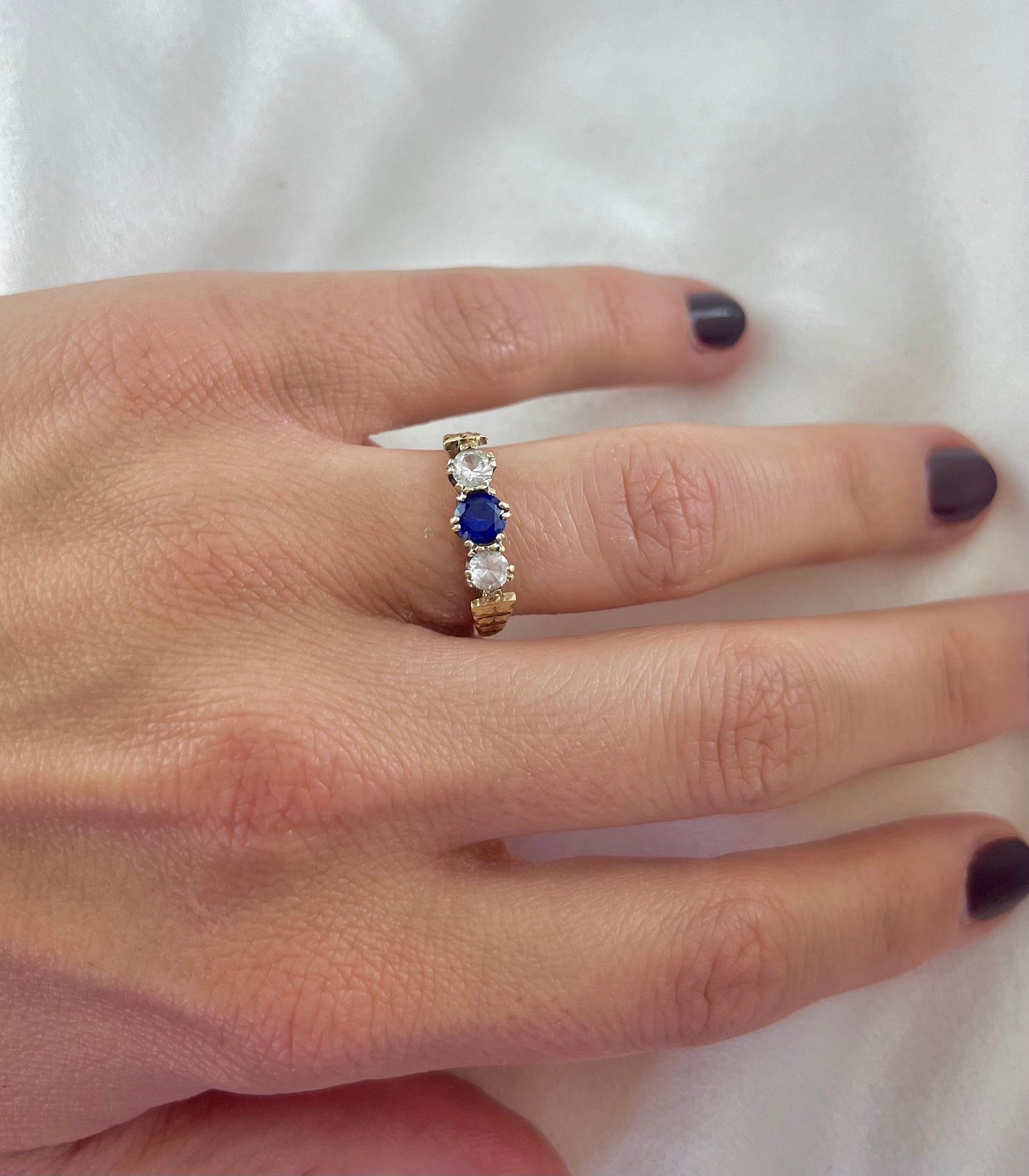 Vintage 9ct Gold Sapphire Paste 3 Stone Ring, Size M UK 1970s