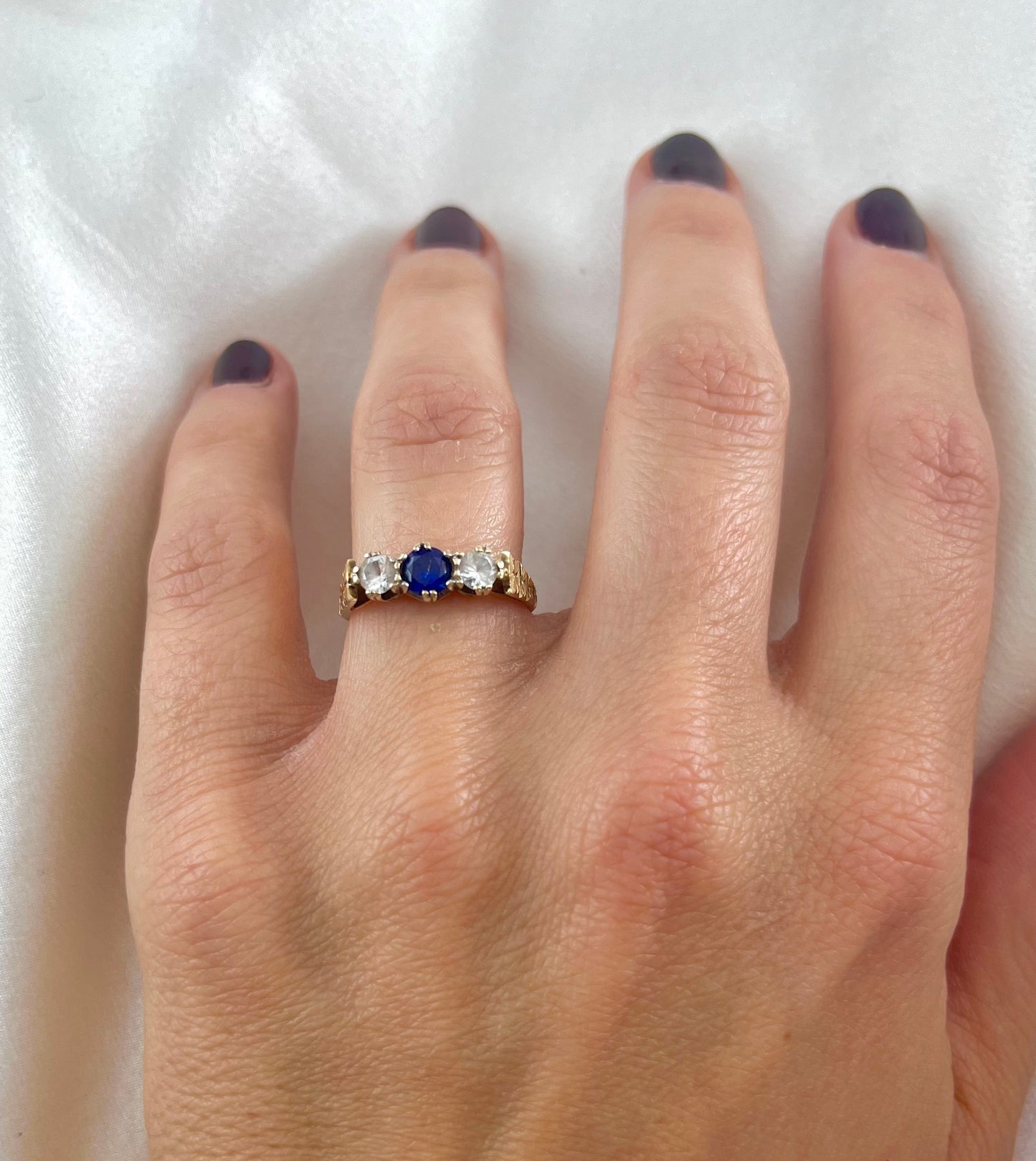 Vintage 9ct Gold Sapphire Paste 3 Stone Ring, Size M UK 1970s