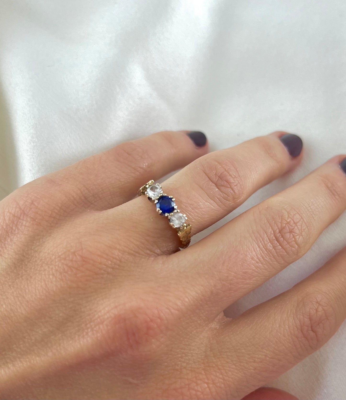 Vintage 9ct Gold Sapphire Paste 3 Stone Ring, Size M UK 1970s