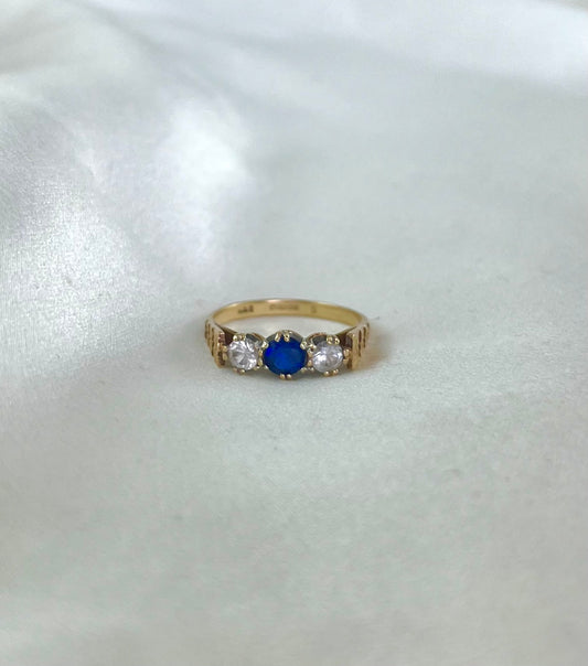 Vintage 9ct Gold Sapphire Paste 3 Stone Ring, Size M UK 1970s