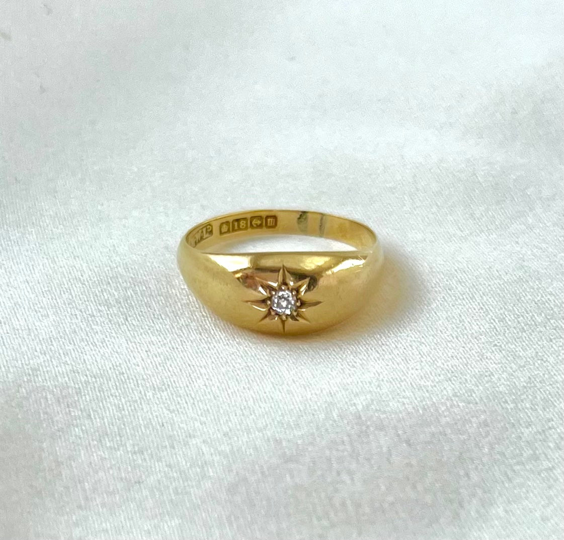 Antique Edwardian 18ct Yellow Gold Diamond Gypsy Ring, 1911 Size O + 0.5