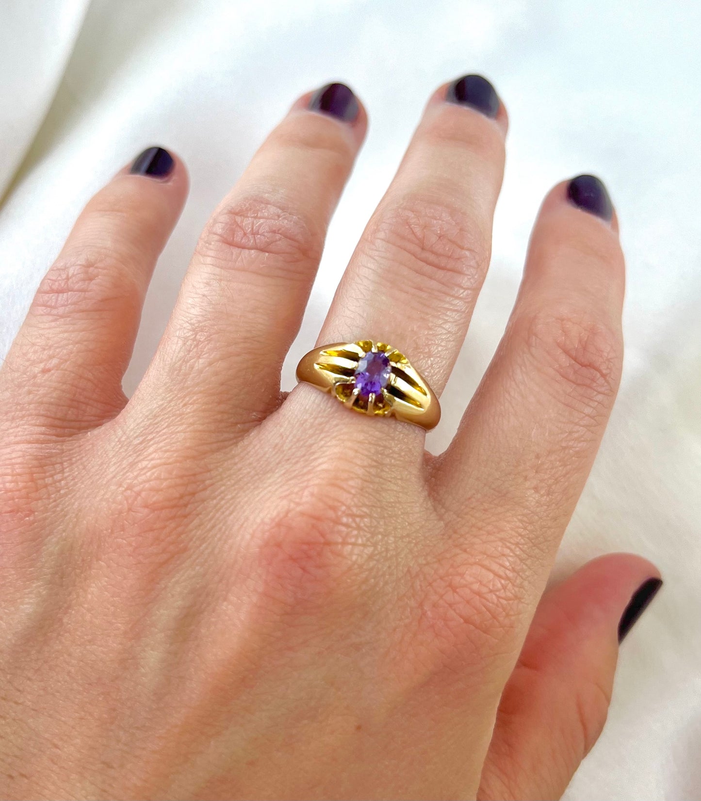 Antique Victorian 18ct Gold Buttercup Setting Amethyst Ring, Size O 1800s
