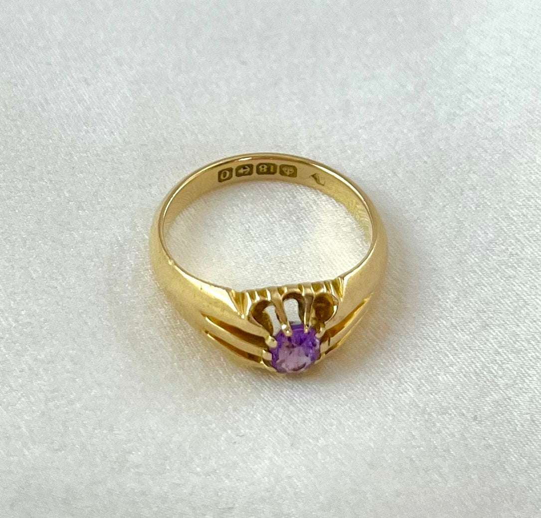 Antique Victorian 18ct Gold Buttercup Setting Amethyst Ring, Size O 1800s