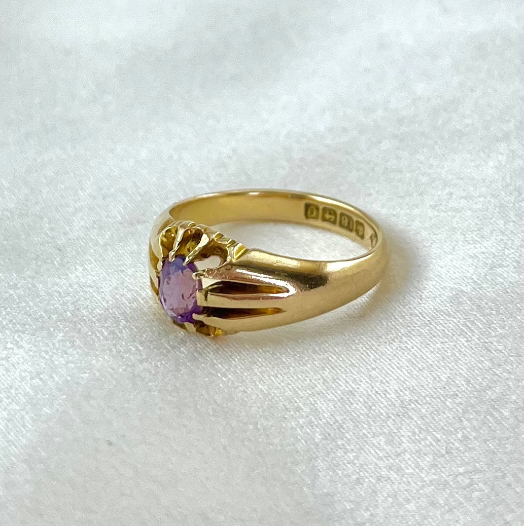 Antique Victorian 18ct Gold Buttercup Setting Amethyst Ring, Size O 1800s