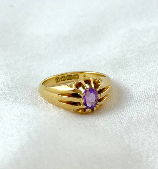 Antique Victorian 18ct Gold Buttercup Setting Amethyst Ring, Size O 1800s