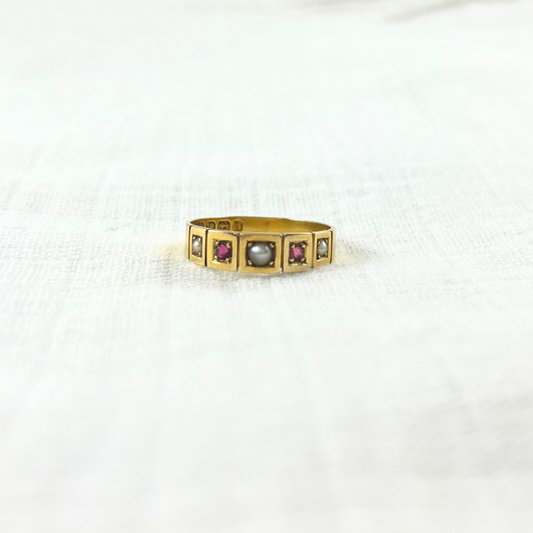 Antique Victorian 18ct Gold Garnet and Pearl Ring, Size O