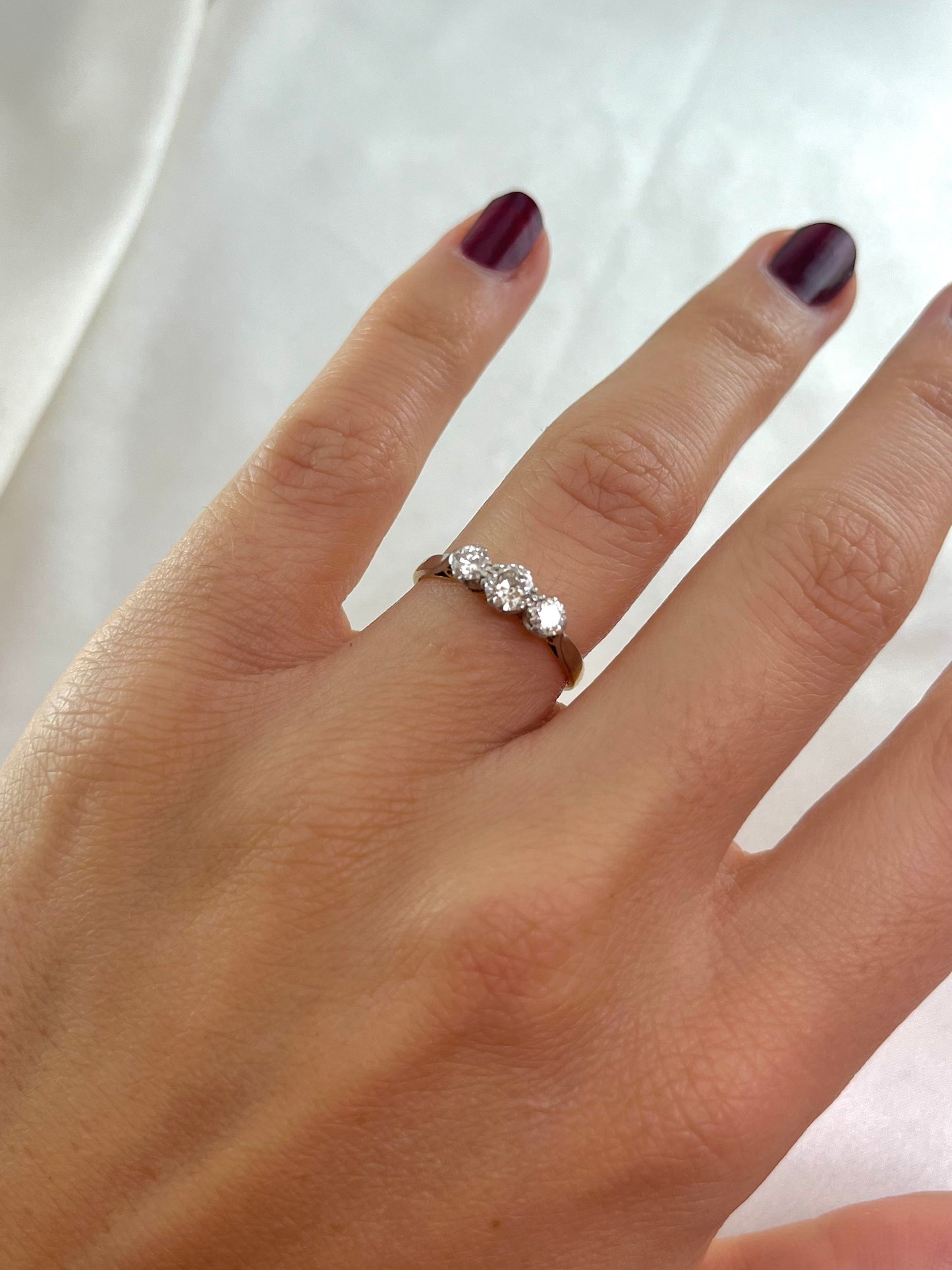 Period 18ct Gold and Platinum Three Stone Diamond Engagement Ring, Vintage Size M + 0.5, Approx. 0.24ct