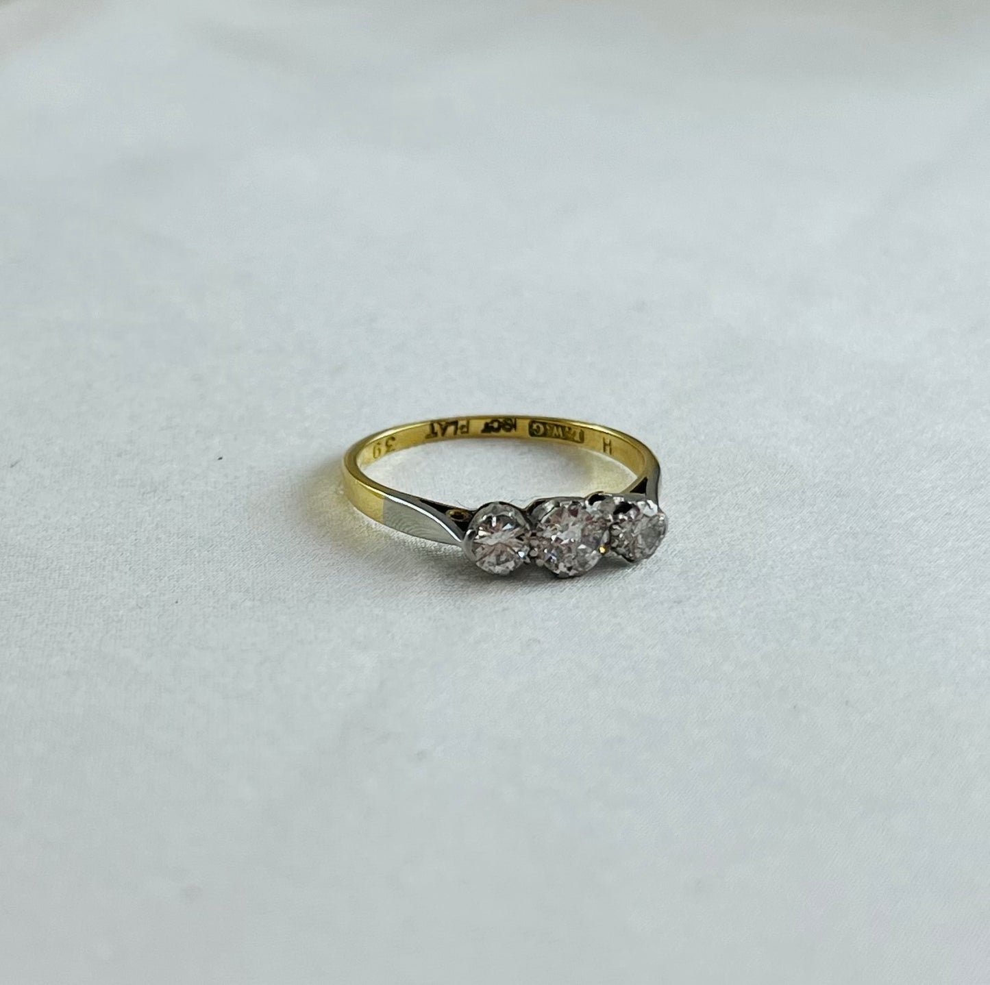 Period 18ct Gold and Platinum Three Stone Diamond Engagement Ring, Vintage Size M + 0.5, Approx. 0.24ct