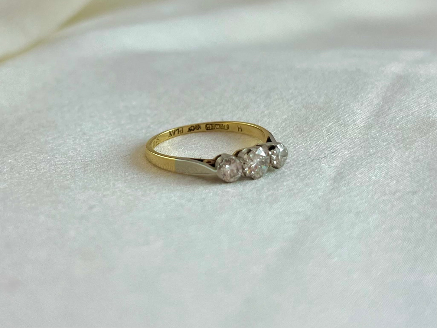 Period 18ct Gold and Platinum Three Stone Diamond Engagement Ring, Vintage Size M + 0.5, Approx. 0.24ct