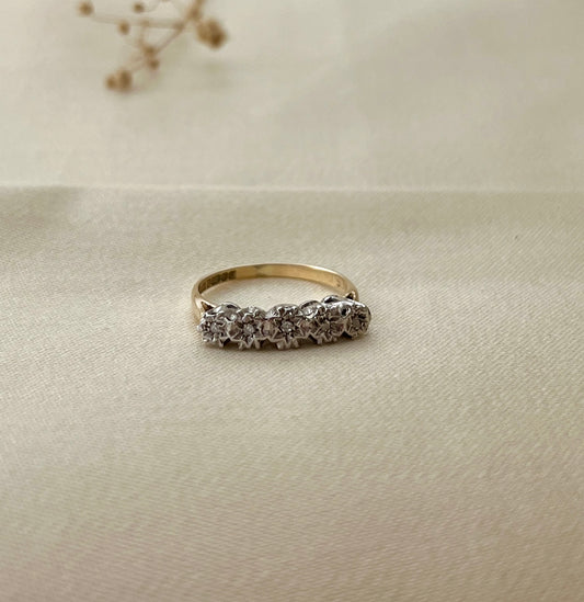 Vintage 9ct Gold 5 Diamond Ring, Size N UK Eternity Ring or Engagement Ring 1970s