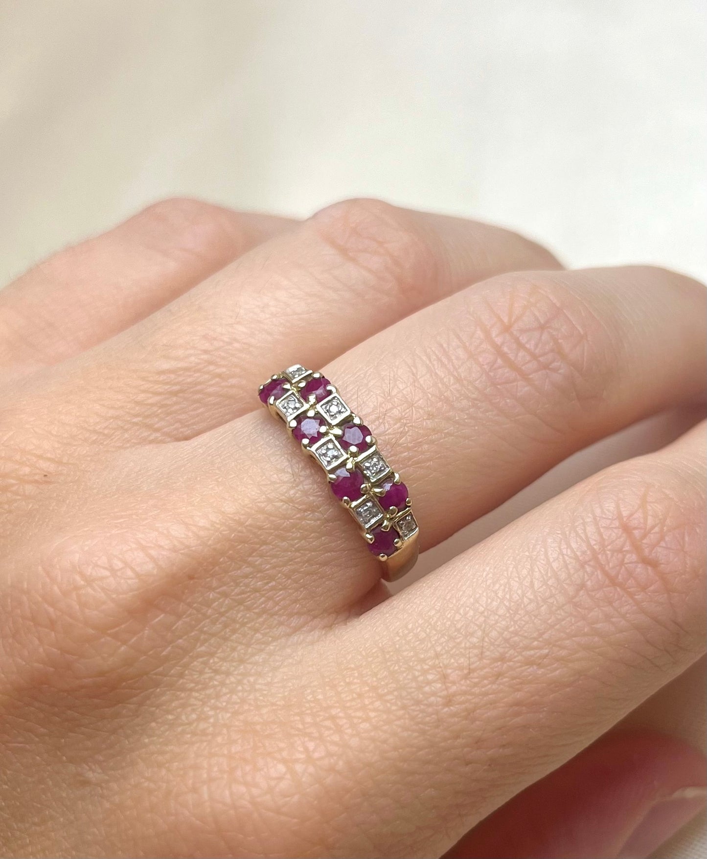 Vintage 9ct Gold Ruby and Diamond Multi-Stone Ring, Size P + 0.5 UK