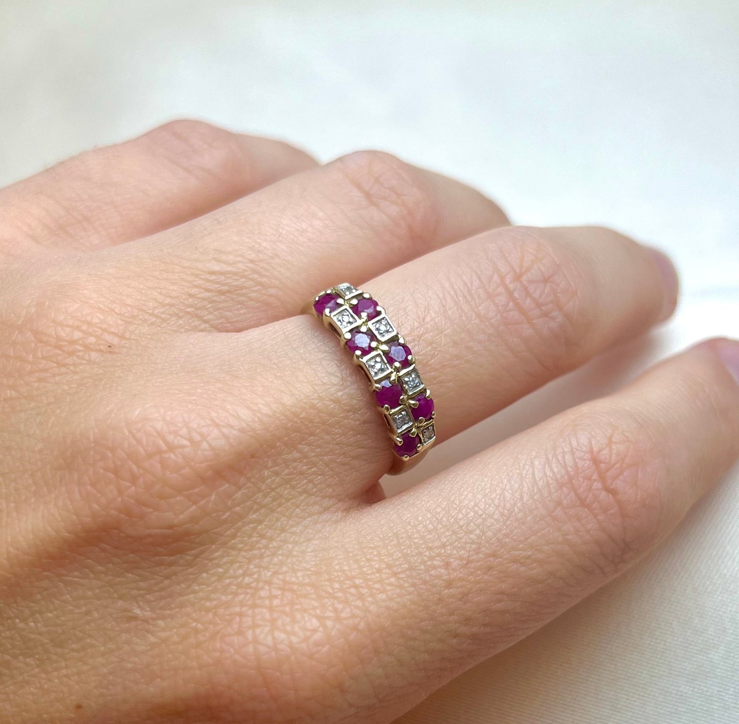 Vintage 9ct Gold Ruby and Diamond Multi-Stone Ring, Size P + 0.5 UK