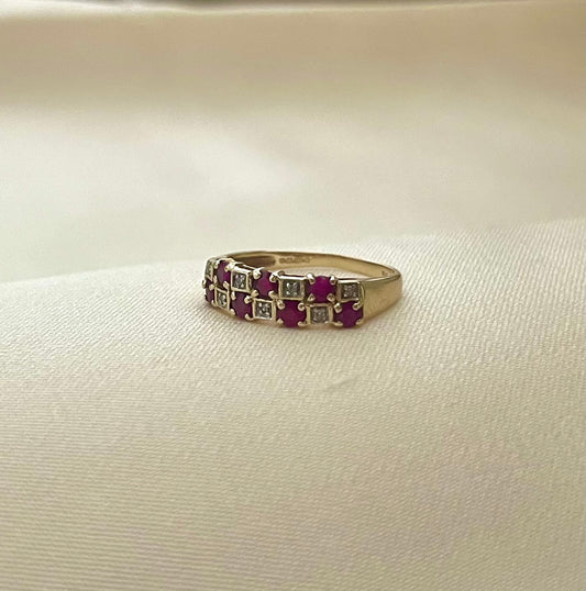 Vintage 9ct Gold Ruby and Diamond Multi-Stone Ring, Size P + 0.5 UK