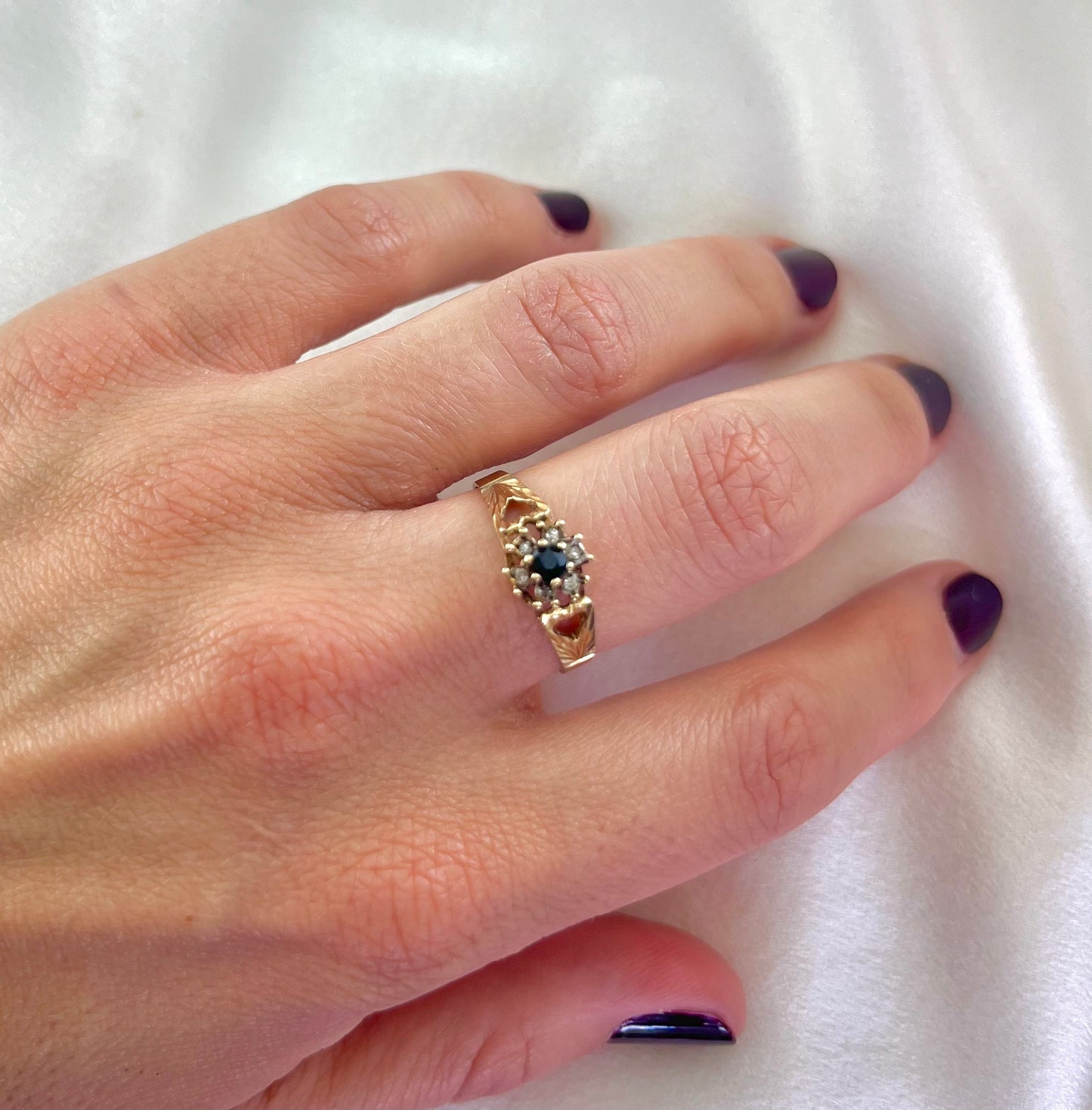 Vintage 9ct Gold Sapphire and Diamond Cluster Ring, Size R UK 1970s