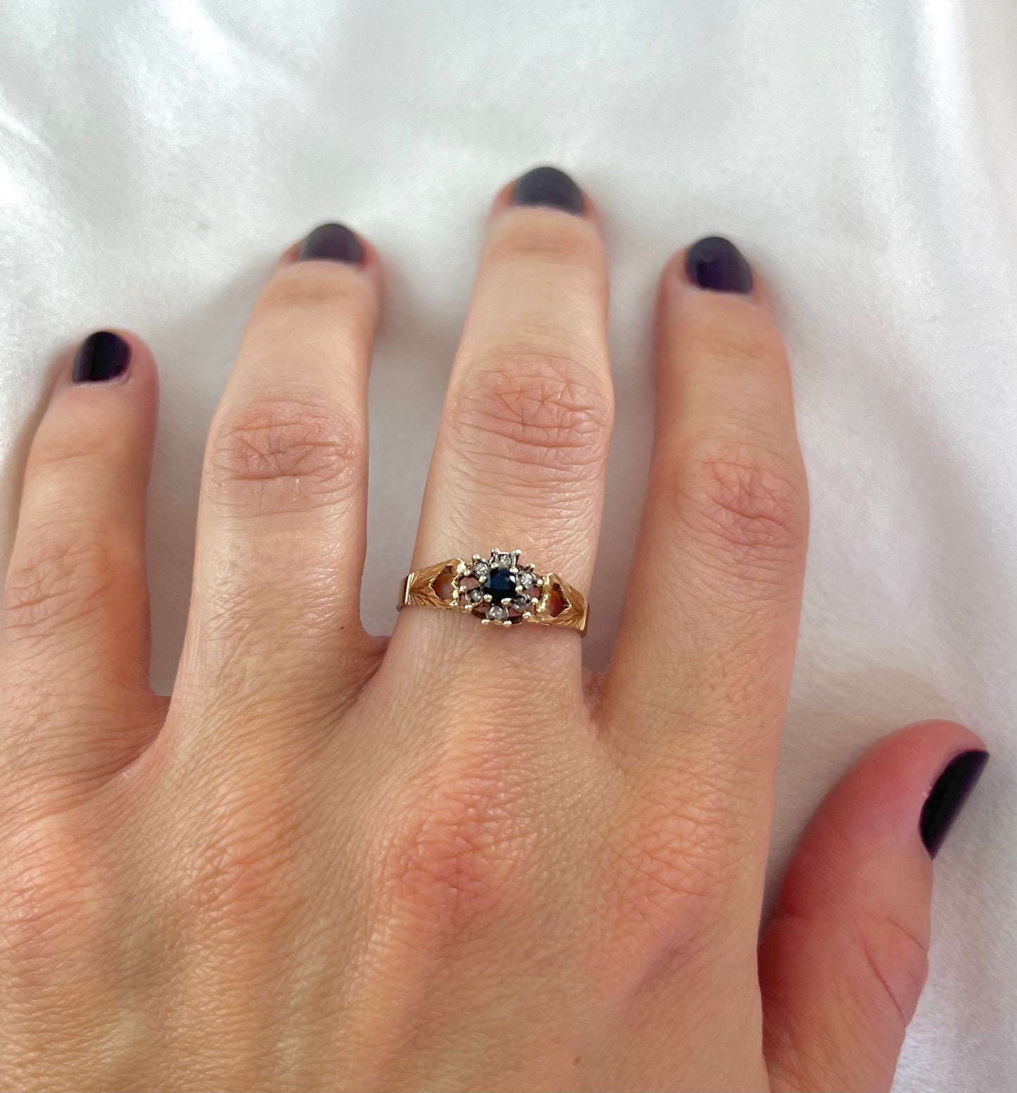 Vintage 9ct Gold Sapphire and Diamond Cluster Ring, Size R UK 1970s