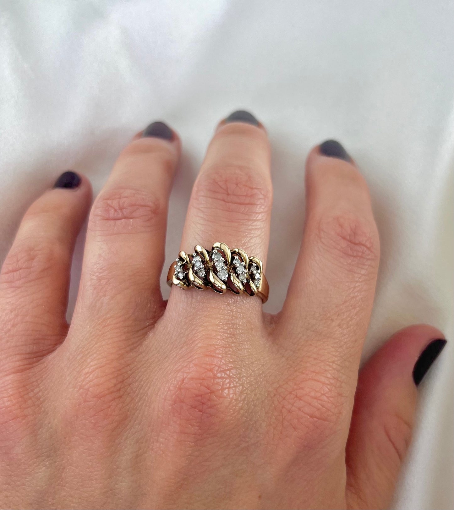 Vintage 9ct Gold Weave Design Diamond Ring, Size R