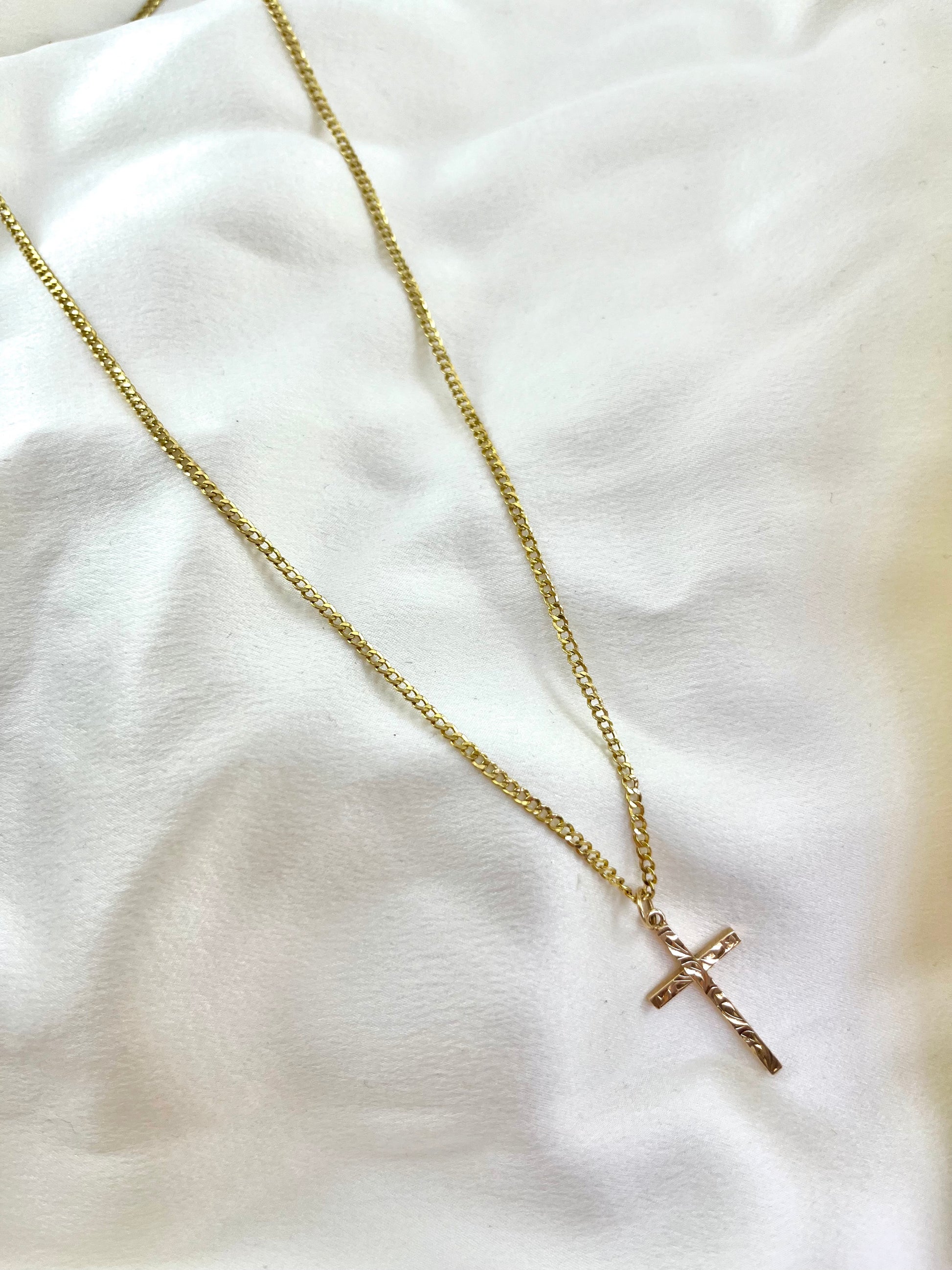 Vintage 9ct Yellow Gold Solid Cross Pendant with Long Delicate Curb Chain