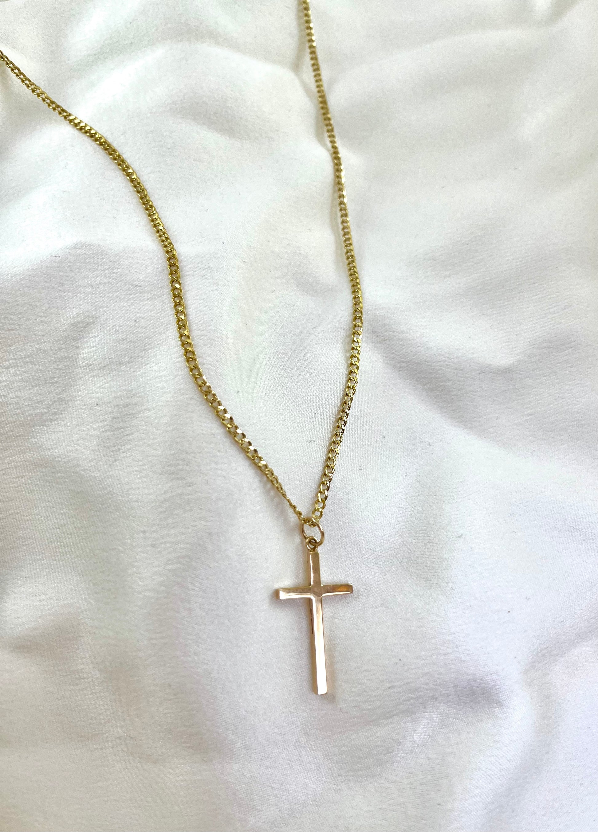 Vintage 9ct Yellow Gold Solid Cross Pendant with Long Delicate Curb Chain