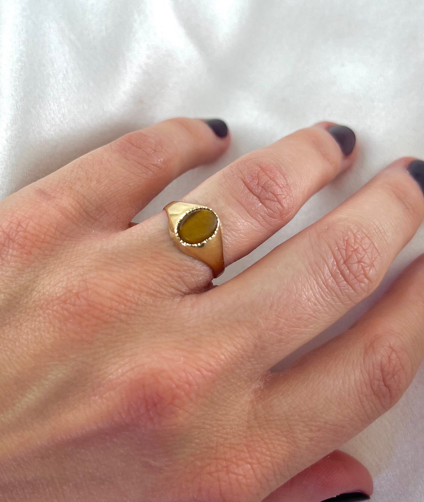 Vintage 9ct Yellow Gold Tigers Eye Ring, Size L UK 1970s