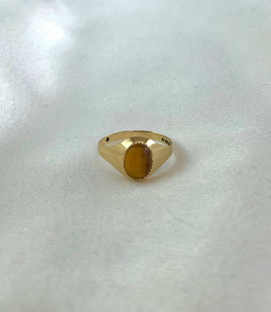 Vintage 9ct Yellow Gold Tigers Eye Ring, Size L UK 1970s