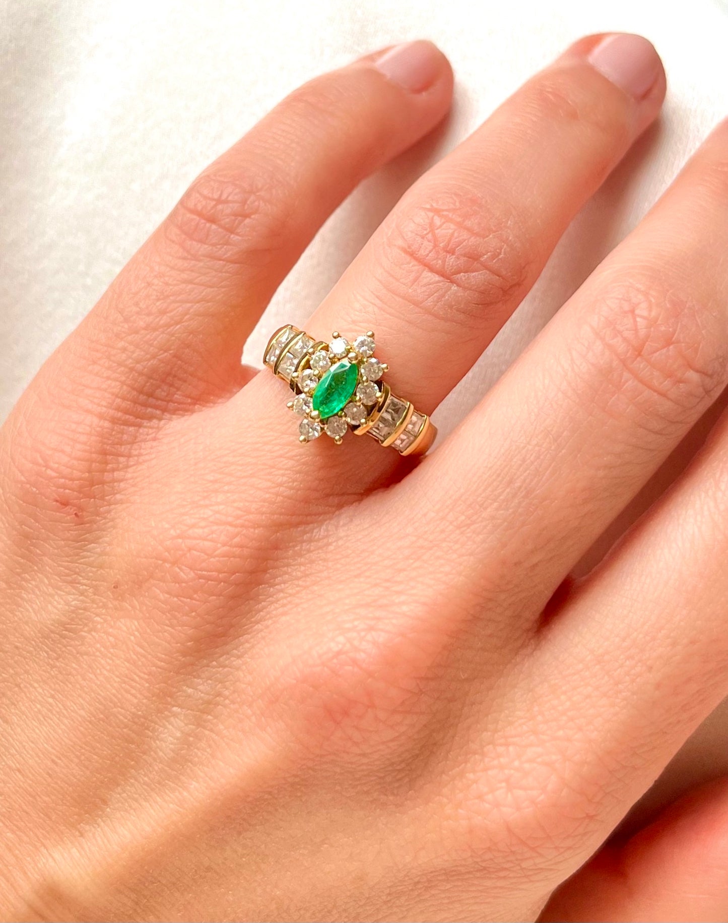 Emerald and Diamond Marquise Cut Engagement or Dress Ring, Marked '18KT' Modern Independently Assessed