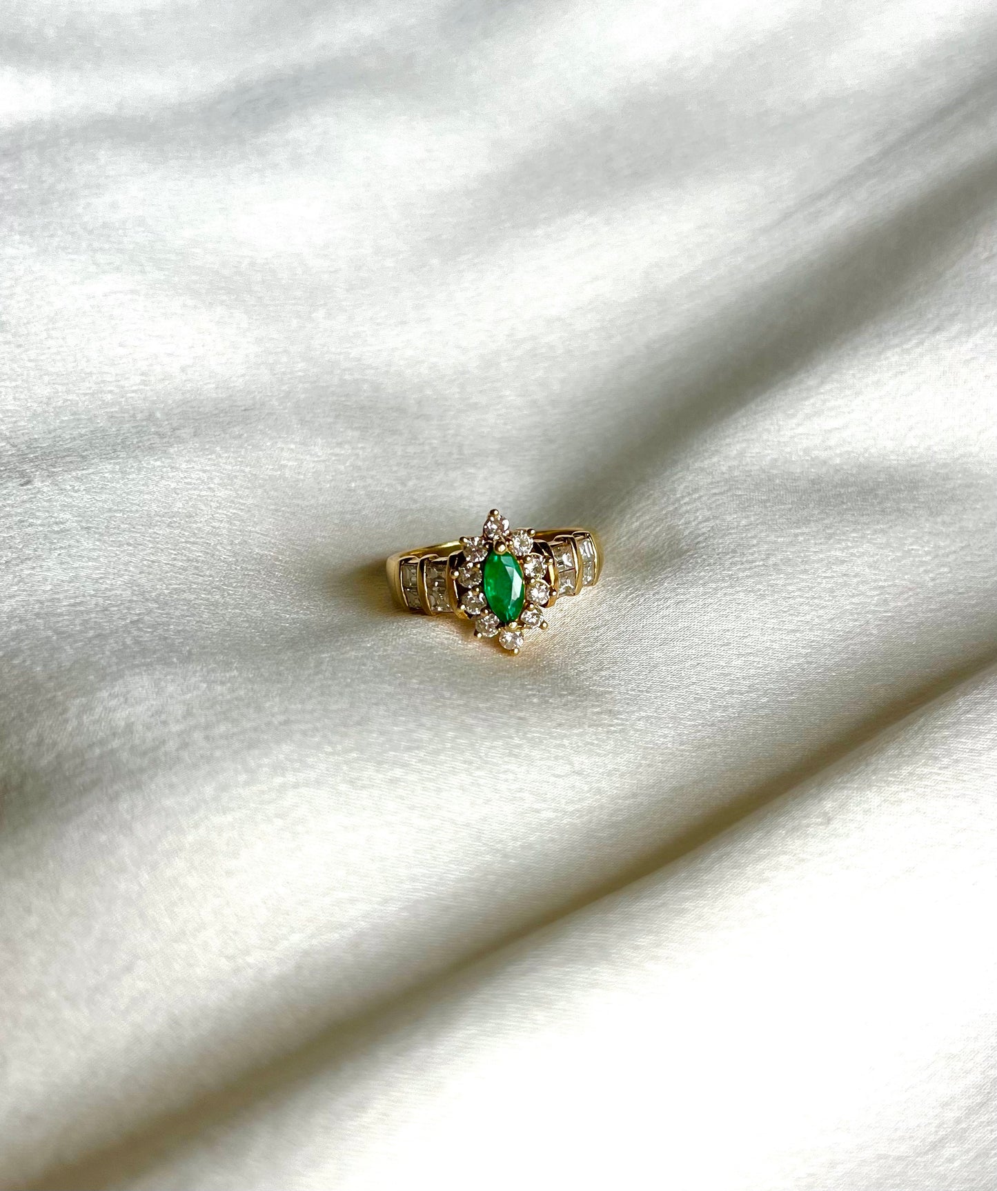 Emerald and Diamond Marquise Cut Engagement or Dress Ring, Marked '18KT' Modern Independently Assessed