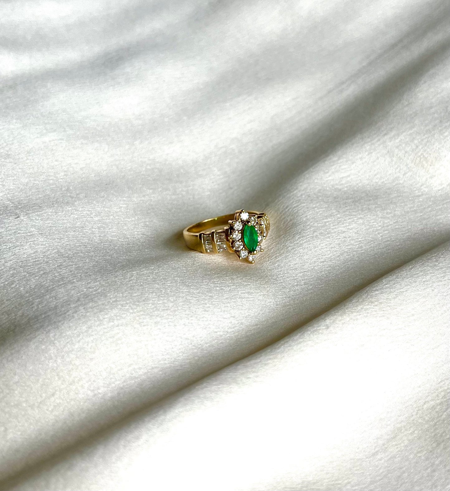 Emerald and Diamond Marquise Cut Engagement or Dress Ring, Marked '18KT' Modern Independently Assessed