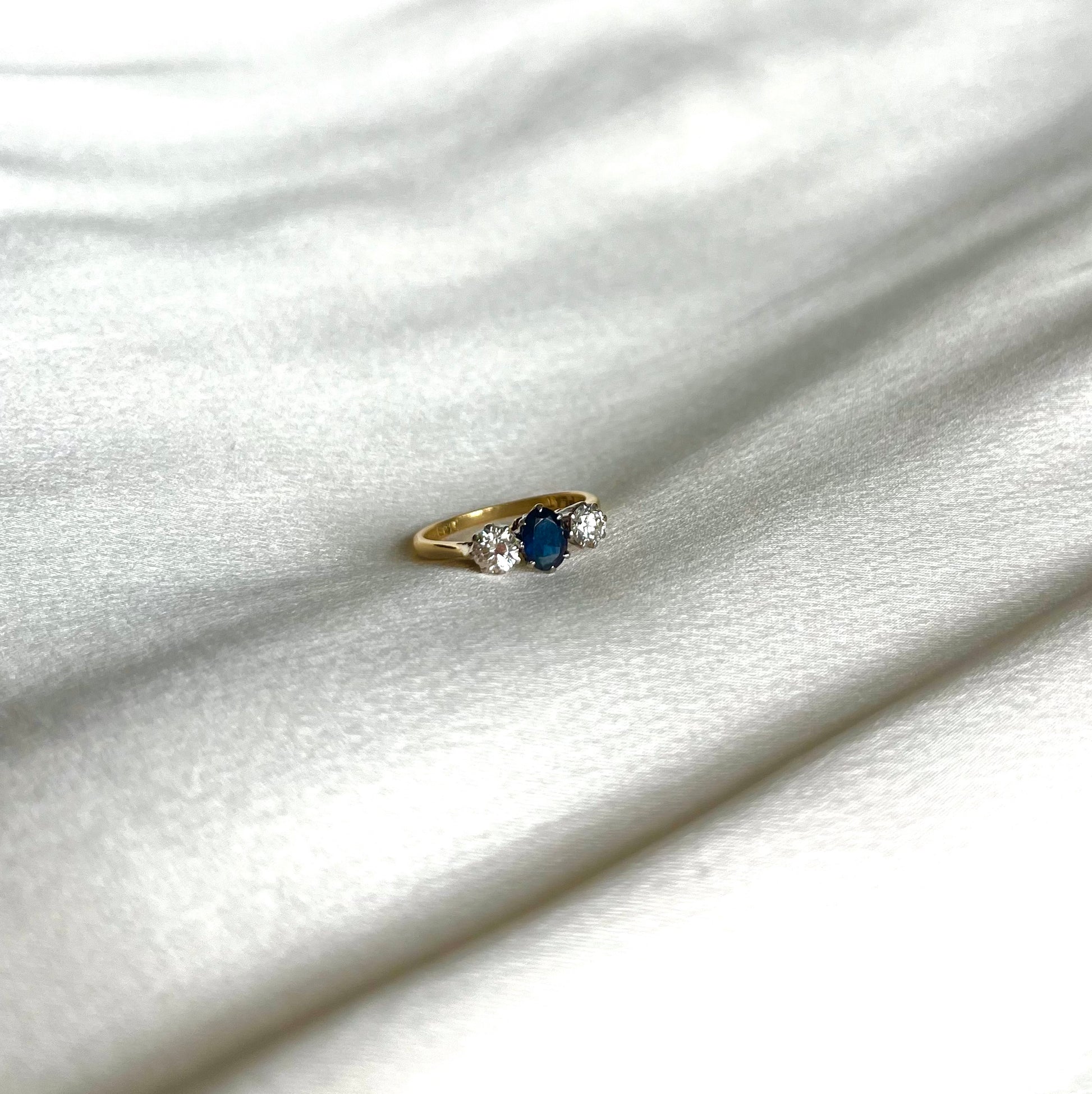 18ct Yellow Gold 0.62ct Sapphire and 0.47ct Diamond Three Stone Engagement Ring Vintage, Size J Independently Assessed