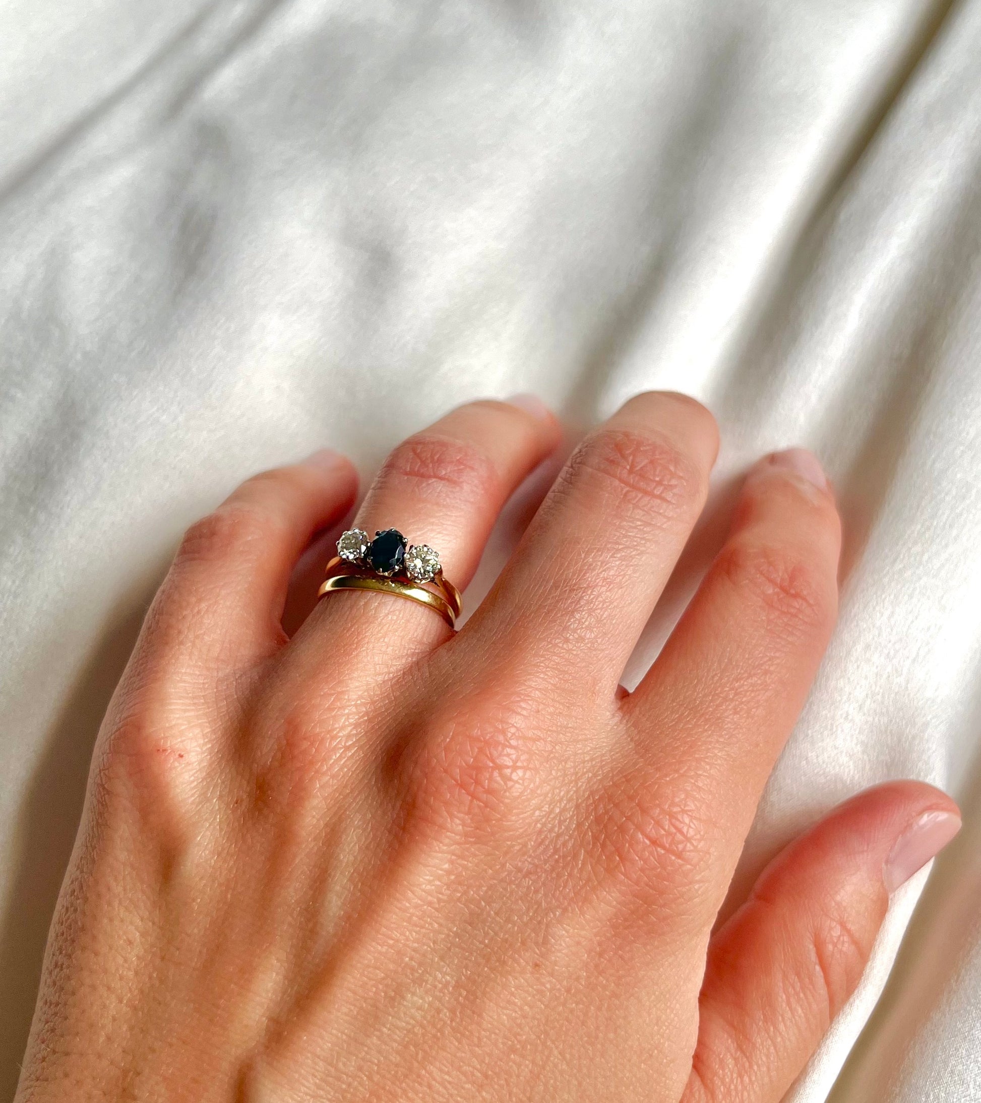 18ct Yellow Gold 0.62ct Sapphire and 0.47ct Diamond Three Stone Engagement Ring Vintage, Size J Independently Assessed