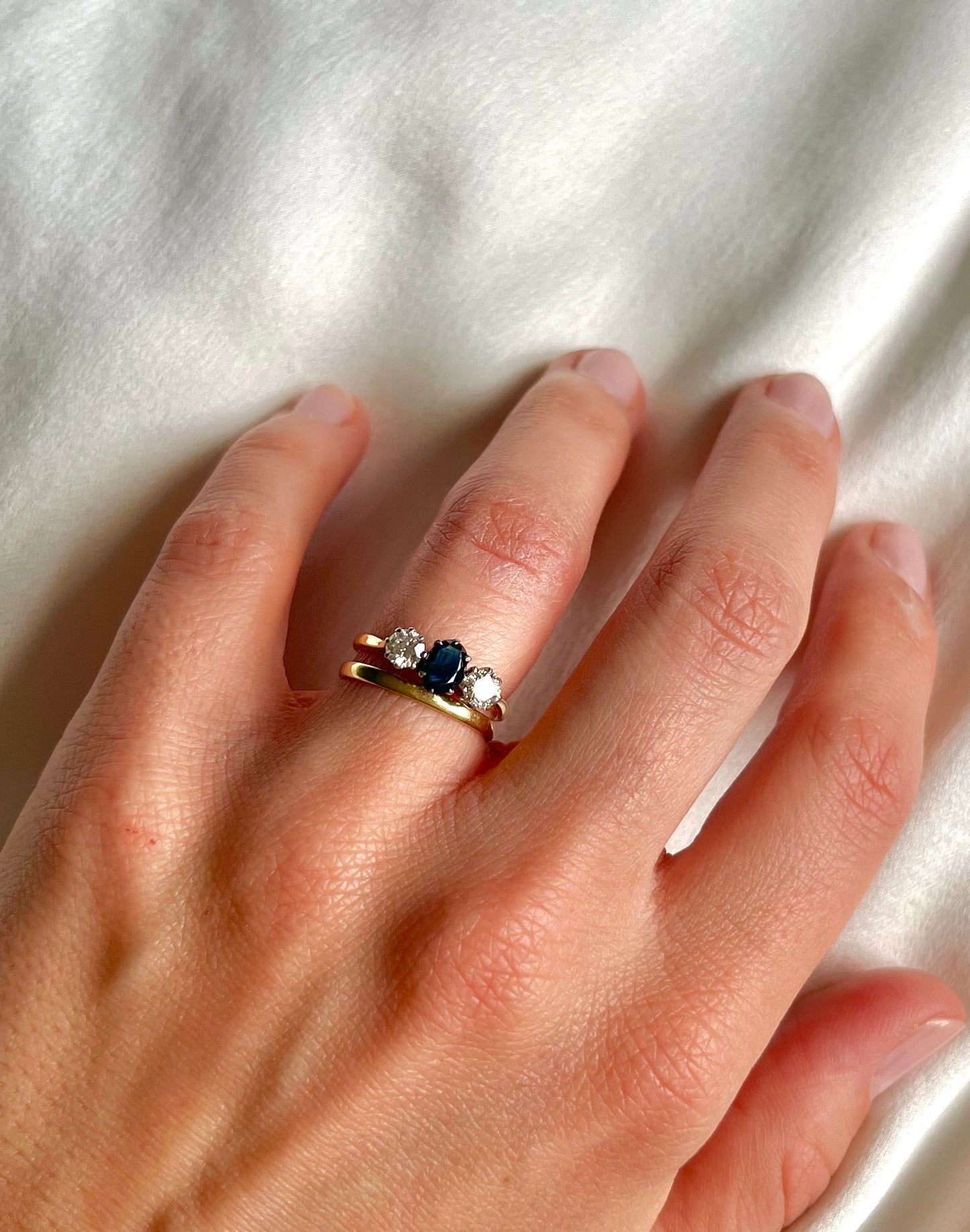 18ct Yellow Gold 0.62ct Sapphire and 0.47ct Diamond Three Stone Engagement Ring Vintage, Size J Independently Assessed