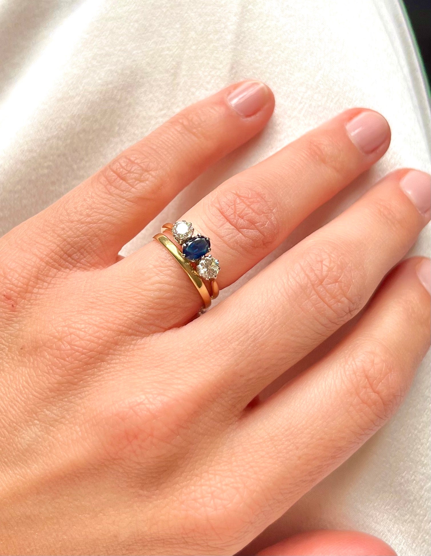 18ct Yellow Gold 0.62ct Sapphire and 0.47ct Diamond Three Stone Engagement Ring Vintage, Size J Independently Assessed