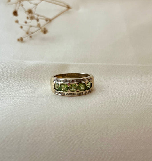 Vintage 9ct Gold Green Peridot and Diamond Ring, Size P UK Heavy Chunky Statement Ring