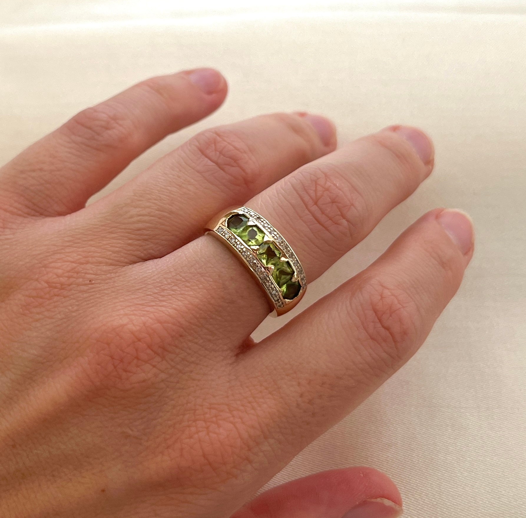Vintage 9ct Gold Green Peridot and Diamond Ring, Size P UK Heavy Chunky Statement Ring