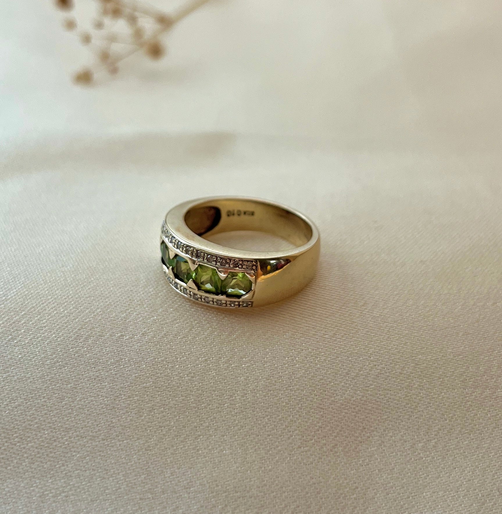 Vintage 9ct Gold Green Peridot and Diamond Ring, Size P UK Heavy Chunky Statement Ring