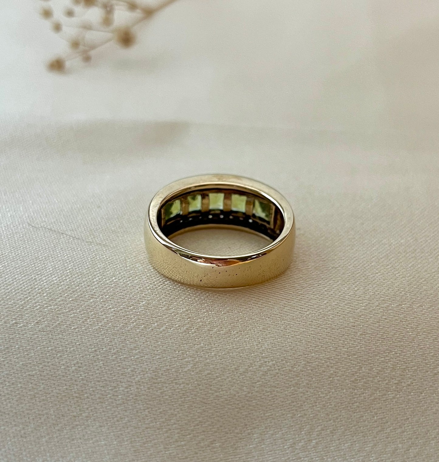 Vintage 9ct Gold Green Peridot and Diamond Ring, Size P UK Heavy Chunky Statement Ring