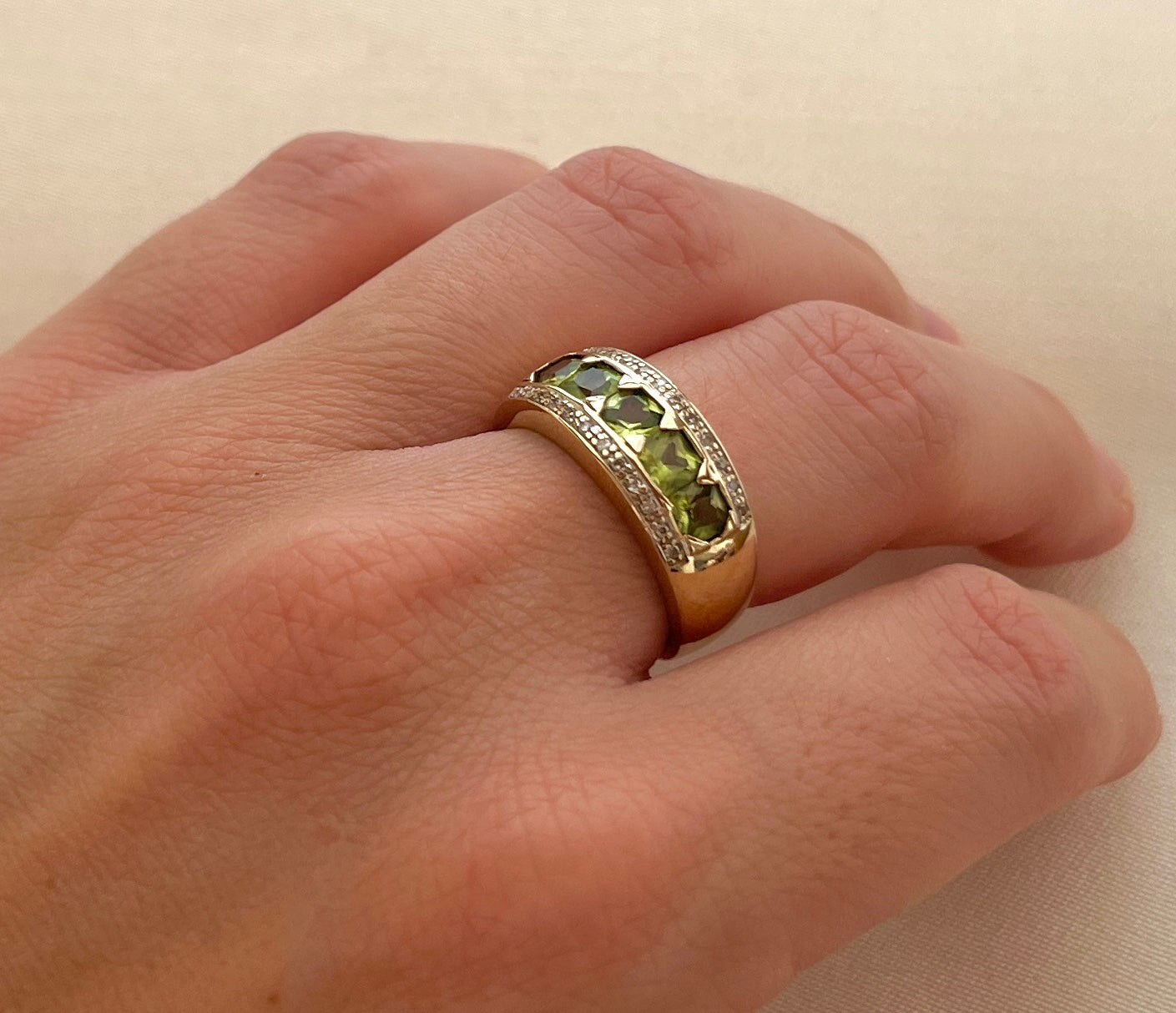 Vintage 9ct Gold Green Peridot and Diamond Ring, Size P UK Heavy Chunky Statement Ring