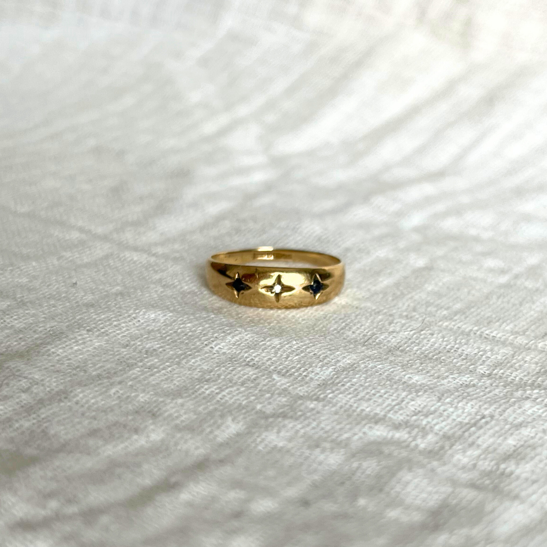 9ct Gold Gypsy Ring with Diamond and Sapphire Stones Vintage, Size K