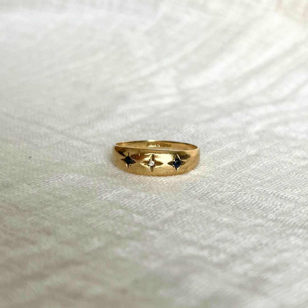 9ct Gold Gypsy Ring with Diamond and Sapphire Stones Vintage, Size K