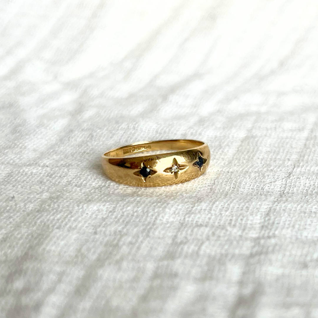 9ct Gold Gypsy Ring with Diamond and Sapphire Stones Vintage, Size K