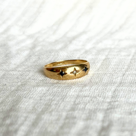 9ct Gold Gypsy Ring with Diamond and Sapphire Stones Vintage, Size K
